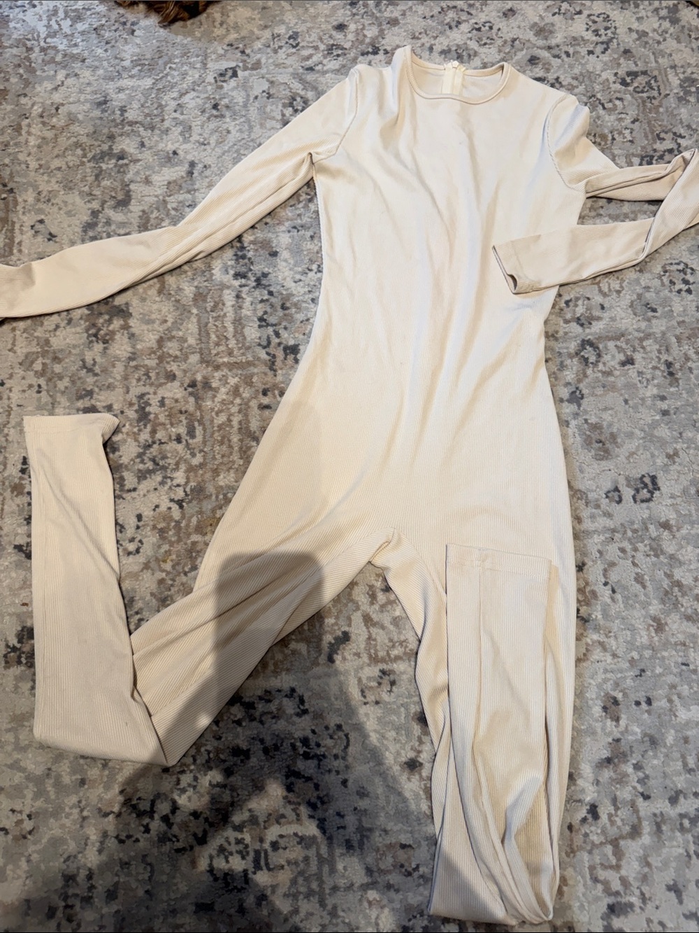 Cream Long-Sleeve Ribbed Jumpsuit